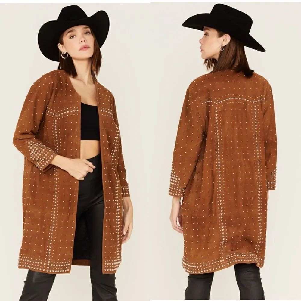 Free People UNDERSTATED LEATHER STUDDED SUEDE DUSTER COAT